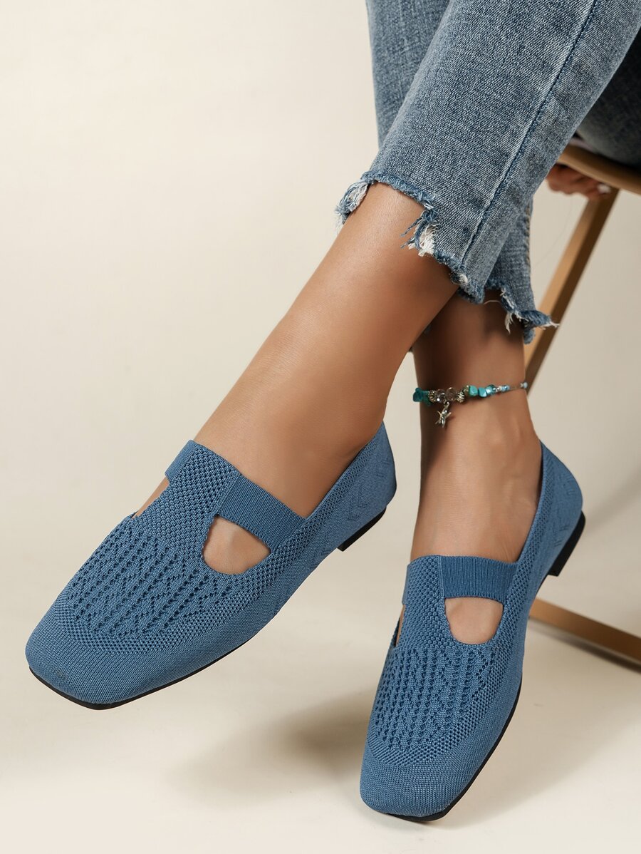 Cut Out Square Toe Slip On Flats - Blue - View 1