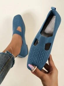 Cut Out Square Toe Slip On Flats - Blue - View 2