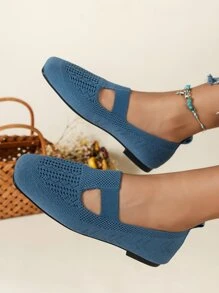 Cut Out Square Toe Slip On Flats - Blue - View 3