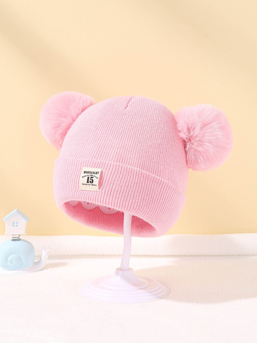 1pc Baby Knit Beanie Hat With Double Pom-pom And Tag Warm Winter Cap - Pink - View 1