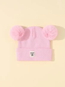 1pc Baby Knit Beanie Hat With Double Pom-pom And Tag Warm Winter Cap - Pink - View 2