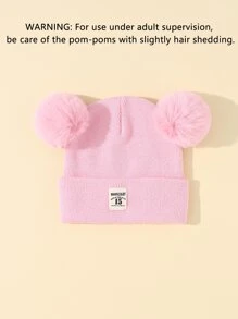 1pc Baby Knit Beanie Hat With Double Pom-pom And Tag Warm Winter Cap - Pink - View 4