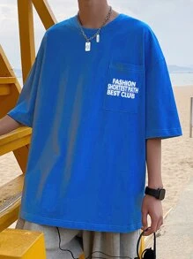 男士標語圖案口袋貼布T恤 - 藍色 - 查看 3