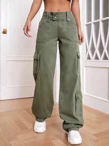 Flap Pocket Cargo Jeans - Army Green - View 1