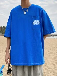 男士標語圖案口袋貼布T恤 - 藍色 - 查看 4