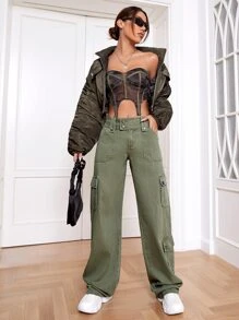 Flap Pocket Cargo Jeans - Army Green - View 3