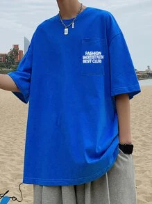 男士標語圖案口袋貼布T恤 - 藍色 - 查看 7