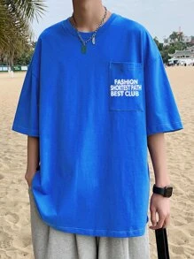 男士標語圖案口袋貼布T恤 - 藍色 - 查看 8