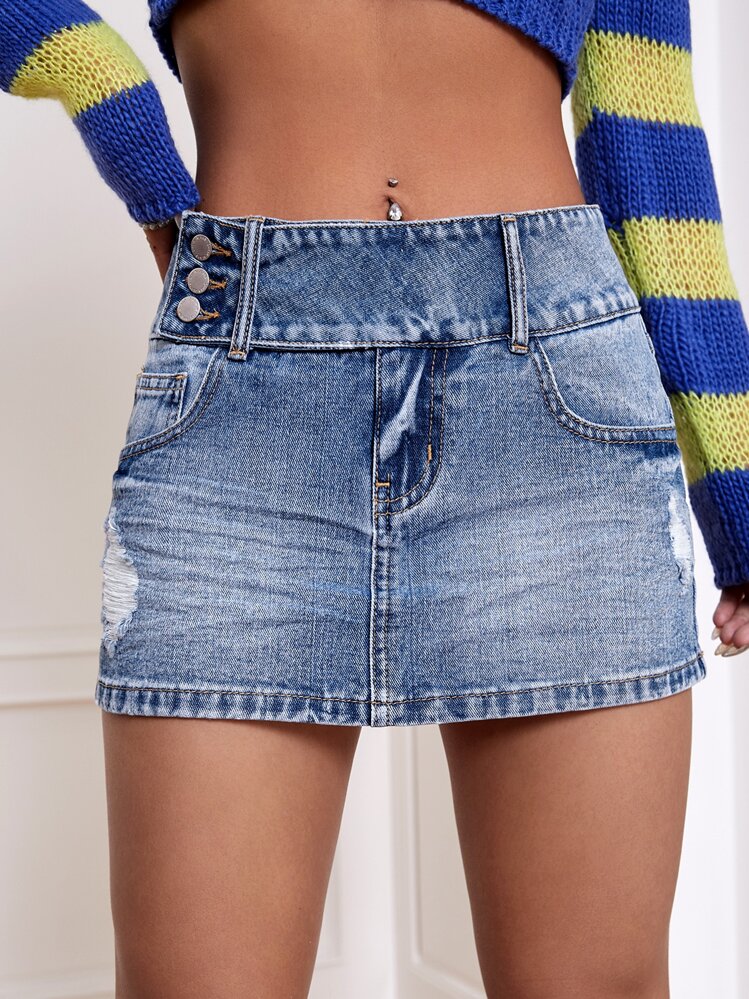 SHEIN ICON Falda en mezclilla desgarro con botón - Azul lavado medio - Añade 1