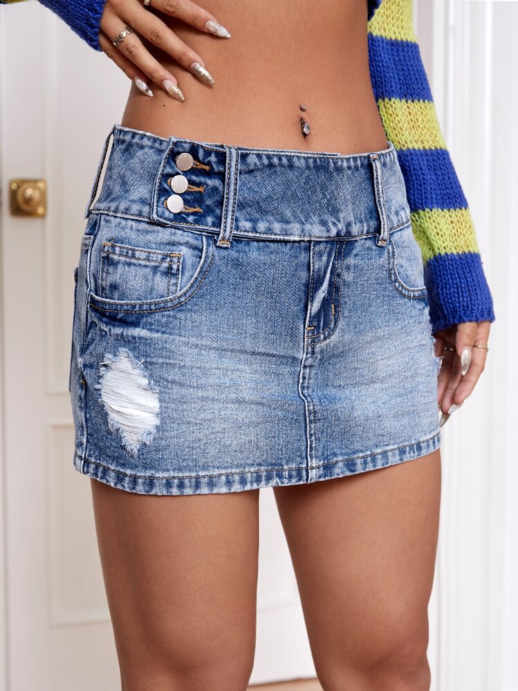 SHEIN ICON Falda en mezclilla desgarro con botón - Azul lavado medio - Añade 4