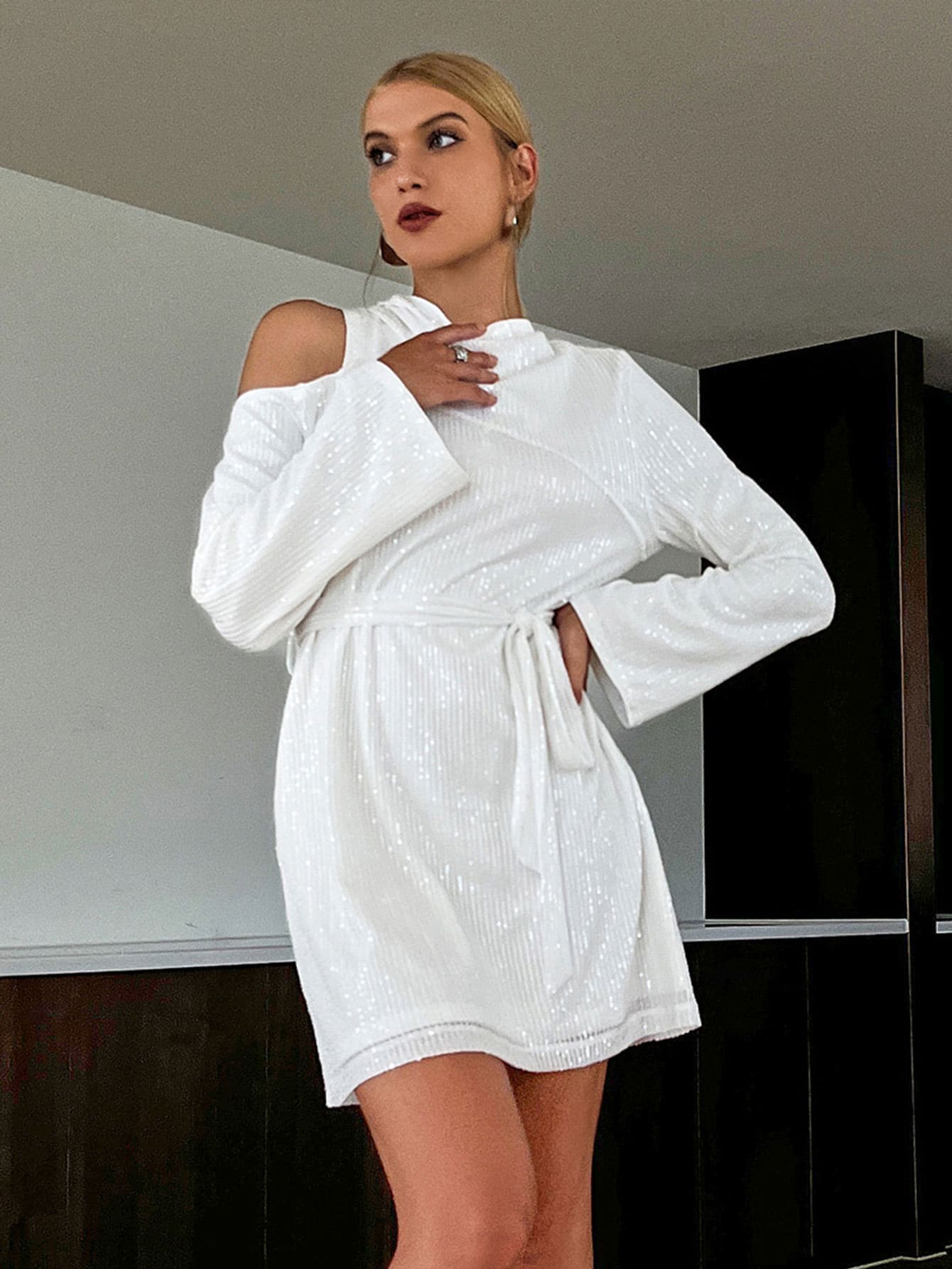 Sollinarry Mock Neck Cut Out Belted Sequin Dress - White - View 1