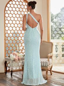 Missord One Shoulder Split Thigh Sequin Formal Dress - Mint Blue - View 1