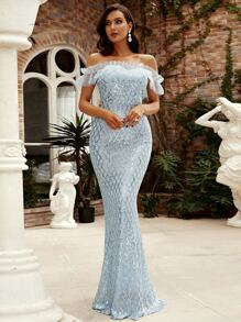Missord Off Shoulder Mermaid Hem Sequin Formal Dress - Blue - View 2
