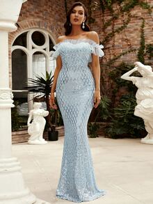 Missord Off Shoulder Mermaid Hem Sequin Formal Dress - Blue - View 4