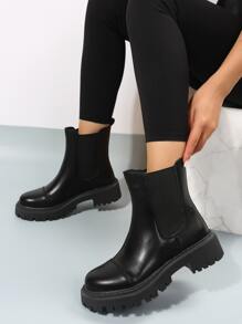 秋冬季女士时尚靴子，简约切尔西靴 - 黑色 - 查看 3