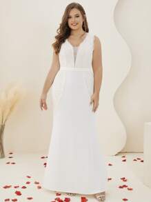 Plus Contrast Lace Mermaid Hem Wedding Dress - White - View 1
