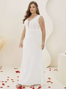 Plus Contrast Lace Mermaid Hem Wedding Dress - White - View 5