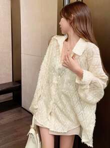 Camisa amplia unicolor de hombros caídos irregular - Albaricoque - Ver 1