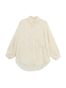 Camisa amplia unicolor de hombros caídos irregular - Albaricoque - Ver 3