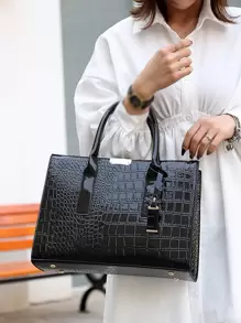 Women's Faux Crocodile Embossed Tote Bag, Large Capacity Shoulder Bag, Handbag, Crossbody Bag Simple Crocodile Pattern Tote Bag, Faux Leather Shoulder Bag, Women's Classic Handbag, Business Casual Women Bag Rookies & White-Collar Workers, Perfect For Back To School, College, Middle School, High School, Work, Business, Commute, Tote Bag Large, Best Fall Inspo Ideas, Eye-Catching Work Bags For Women - Black - View 4