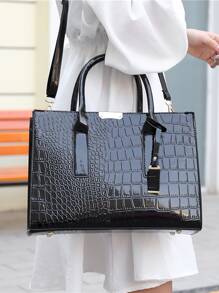 Women's Faux Crocodile Embossed Tote Bag, Large Capacity Shoulder Bag, Handbag, Crossbody Bag Simple Crocodile Pattern Tote Bag, Faux Leather Shoulder Bag, Women's Classic Handbag, Business Casual Women Bag Rookies & White-Collar Workers, Perfect For Back To School, College, Middle School, High School, Work, Business, Commute, Tote Bag Large, Best Fall Inspo Ideas, Eye-Catching Work Bags For Women - Black - View 2