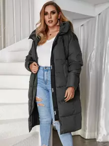Astrid Plus Size Zip-Up Hooded Down Jacket With Slant Pockets - Dark Grey - View 1