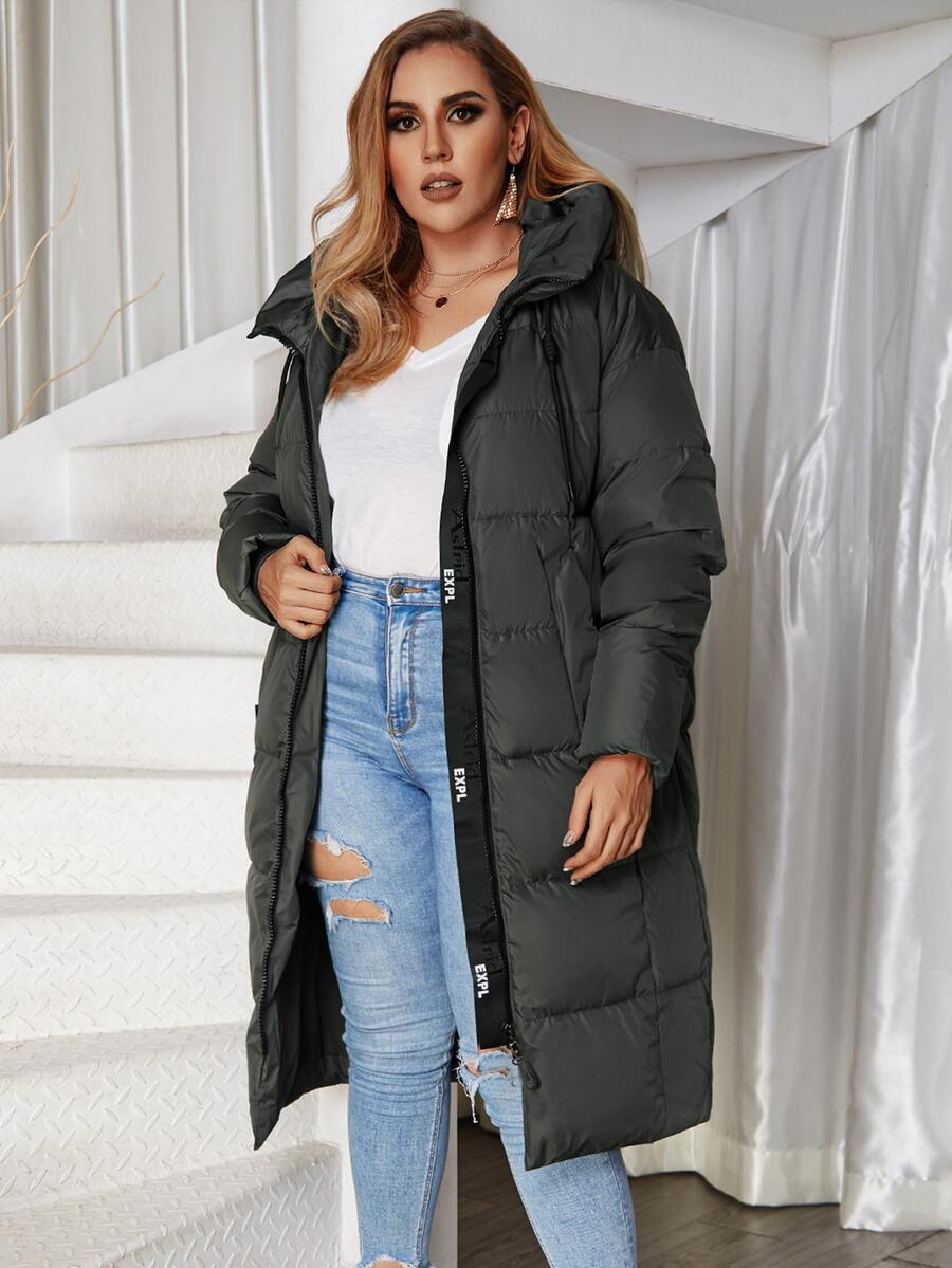 Astrid Plus Size Zip-Up Hooded Down Jacket With Slant Pockets - Dark Grey - View 1
