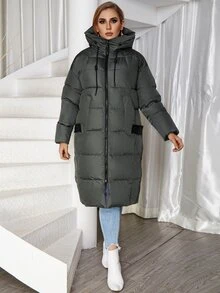 Astrid Plus Size Zip-Up Hooded Down Jacket With Slant Pockets - Dark Grey - View 3
