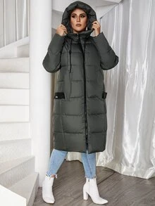 Astrid Plus Size Zip-Up Hooded Down Jacket With Slant Pockets - Dark Grey - View 4