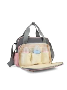 LEQUEEN 1入牛津布時尚媽媽袋，適合收納嬰兒用品，附手提、單肩和斜挎肩帶 - 粉色 - 查看 3