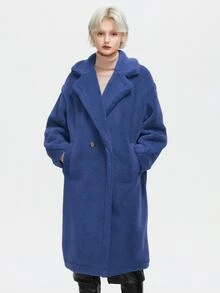 ZIAI Women's Winter Solid Color Long Sleeve Large Lapel Lamb Wool Teddy Long Coat - Royal Blue - View 4