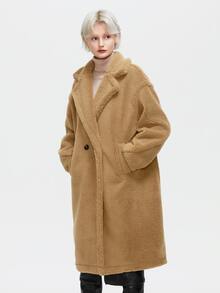 ZIAI Áo khoác dài tay ve lớn màu trơn mùa đông cho nữ bằng len lông cừu Teddy - Lạc đà - Xem 4