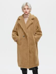 ZIAI Áo khoác dài tay ve lớn màu trơn mùa đông cho nữ bằng len lông cừu Teddy - Lạc đà - Xem 5