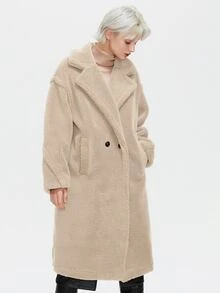 ZIAI Women's Winter Solid Color Long Sleeve Large Lapel Lamb Wool Teddy Long Coat - Apricot - View 5