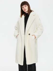 ZIAI Women's Solid Color Long Sleeve Oversized Lapel Faux Shearling Teddy Coat, Winter - White - View 4