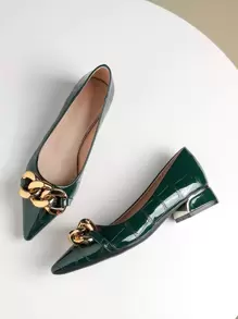 2025年秋季女士绿色时尚平底鞋，带链条装饰，鳄鱼纹纹理和浮雕链节设计 - 綠色 - 查看 3