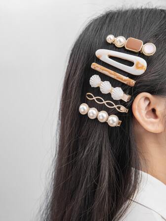 6入組珍珠和貝殼裝飾髮夾