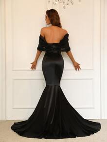 Vestido de satén negro con volantes en el hombro y bajo, elegante vestido de noche formal para graduación, cena y fiesta de boda
