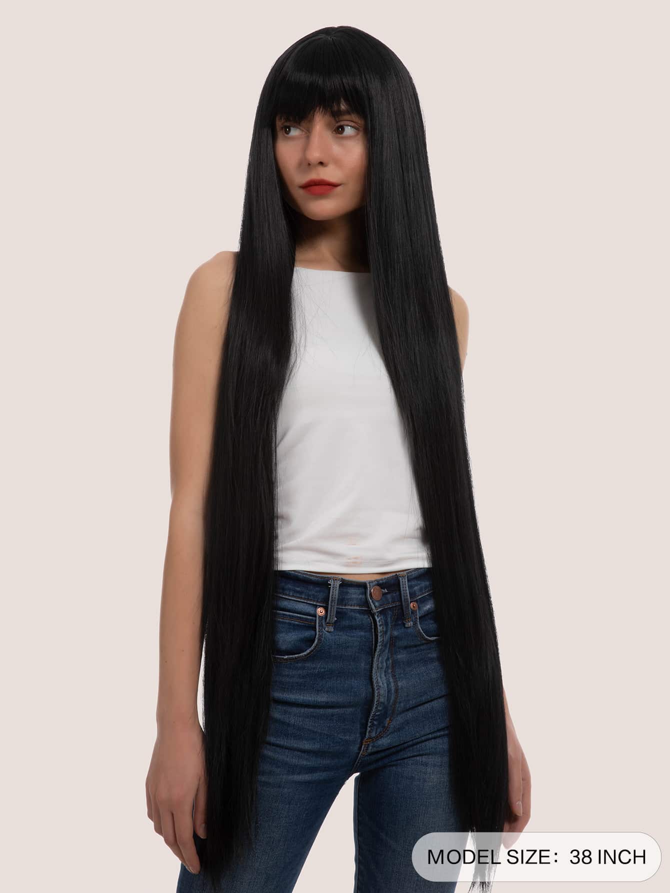 1 Meter Black Natural Long Straight Hair Fake With Bangs Synthetic Female Wig, Suitable For Everyday Use, Halloween Wig Parties And Festive Wear