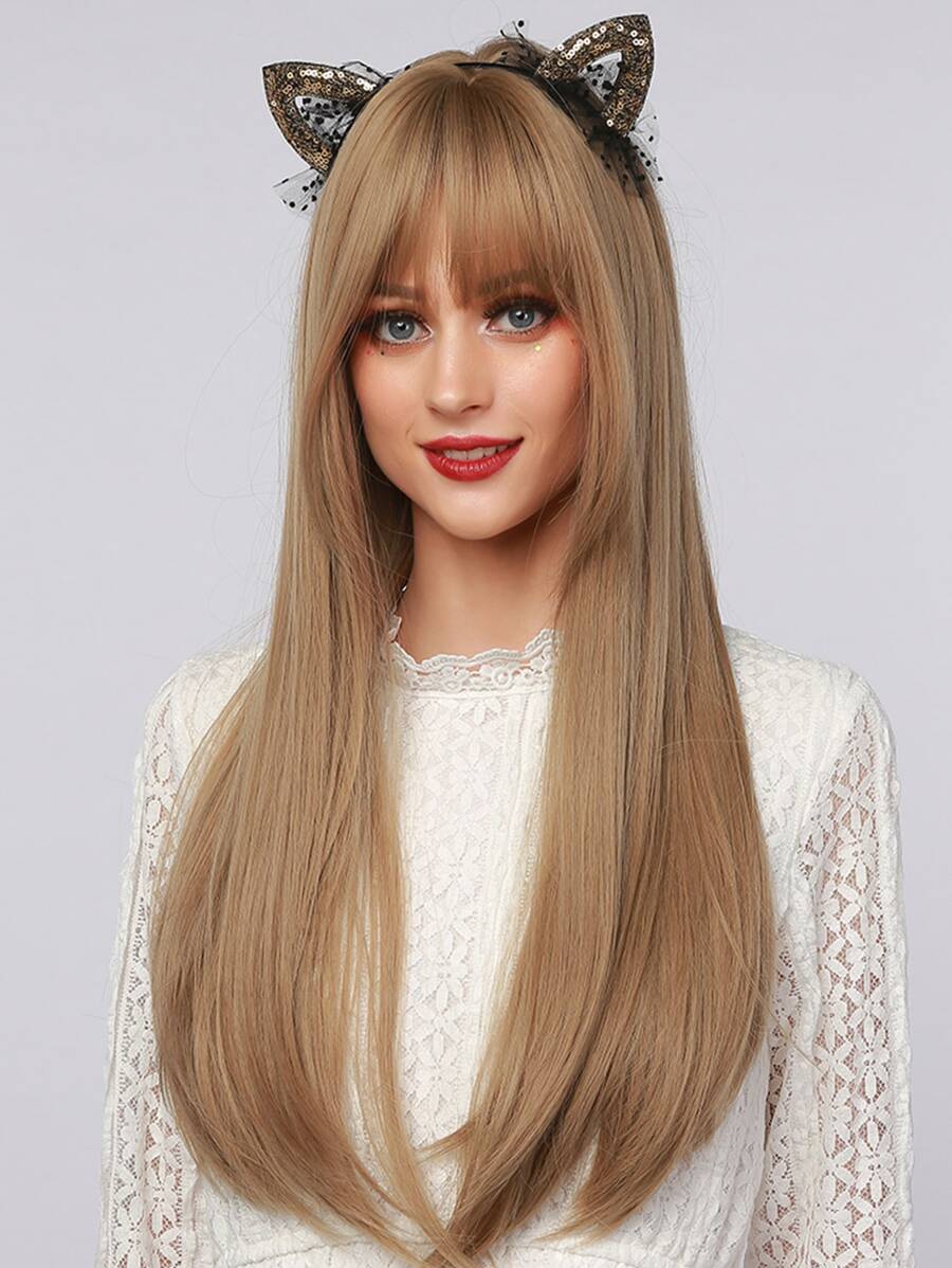 Women's Wig Length 26 Inches Red Black Air Bangs Long Straight Hair Natural Soft Beautiful Charming Synthetic Wig Suitable For Daily Party Halloween Use - Gold - View 1