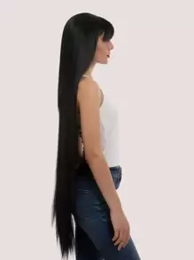 1 Meter Black Natural Long Straight Hair Fake With Bangs Synthetic Female Wig, Suitable For Everyday Use, Halloween Wig Parties And Festive Wear - Black - View 5