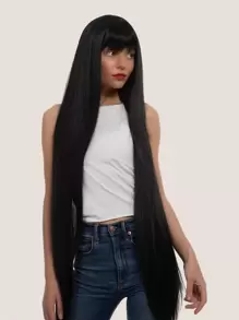 1 Meter Black Natural Long Straight Hair Fake With Bangs Synthetic Female Wig, Suitable For Everyday Use, Halloween Wig Parties And Festive Wear - Black - View 6