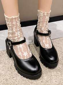 Chunky Heeled Mary Jane Pumps,Women's Fashionable Leather Strap Simple And Versatile High-Heeled Mary Jane Shoes With Thick Heel - Black - View 1