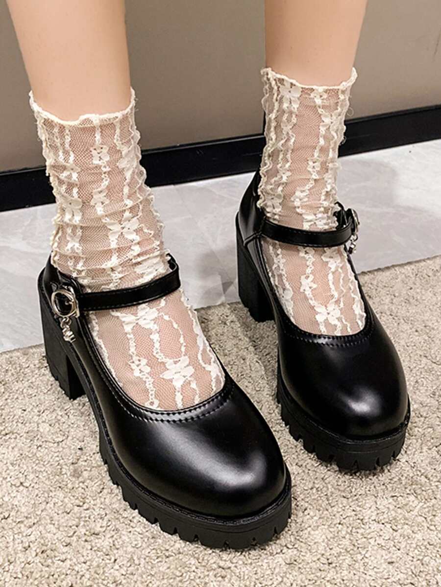 Chunky Heeled Mary Jane Pumps,Women's Fashionable Leather Strap Simple And Versatile High-Heeled Mary Jane Shoes With Thick Heel - Black - View 1