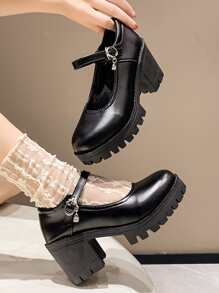Chunky Heeled Mary Jane Pumps,Women's Fashionable Leather Strap Simple And Versatile High-Heeled Mary Jane Shoes With Thick Heel - Black - View 2