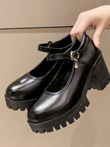 Chunky Heeled Mary Jane Pumps,Women's Fashionable Leather Strap Simple And Versatile High-Heeled Mary Jane Shoes With Thick Heel - Black - View 3