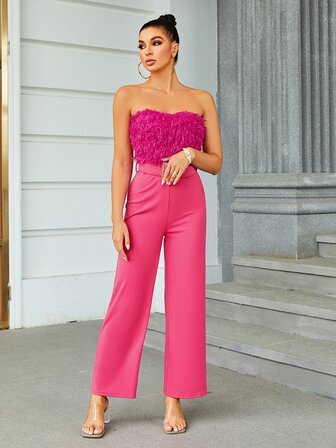 Glamaker Tube Jumpsuit mit flaumig Besatz Gürtel