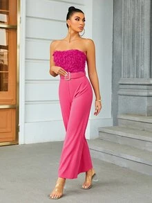 Glamaker 毛茸邊腰帶抹胸連體褲 - 粉色 - 查看 3