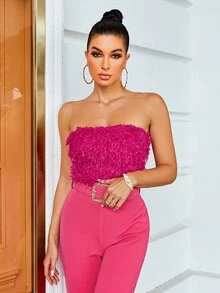 Glamaker 毛茸邊腰帶抹胸連體褲 - 粉色 - 查看 4