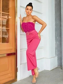 Glamaker 毛茸邊腰帶抹胸連體褲 - 粉色 - 查看 5